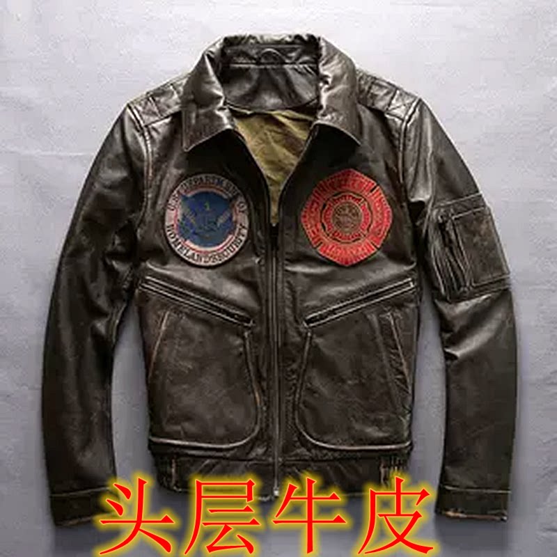 大码胸102-130G1真皮飞行服皮衣男刺绣水洗做旧牛皮头层牛皮夹克