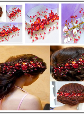 韩版伴娘新娘红色小花结婚项链晚宴喜庆复古中式造型配首头花饰品