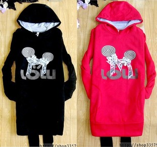 女春秋冬装字母棒棒糖带帽抓绒打底衫加厚棉衣T恤中长款外套卫衣