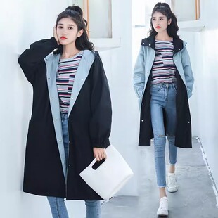 双面穿连帽蝙蝠袖风衣大衣女中长款春秋冬装学生宽松休闲外套胖妹