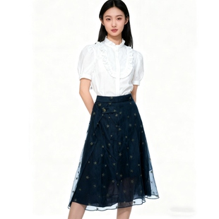 黑色刺绣星星网纱拉链中长款A字公主半身裙子仙女士夏春秋装显瘦