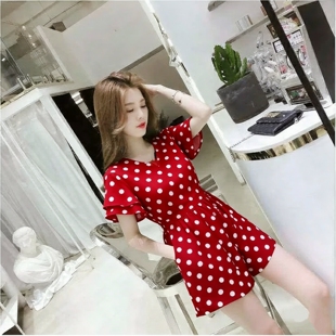 红色波点v领连体裤收腰显瘦口袋中长款喇叭短袖连衣裙子女夏装A字
