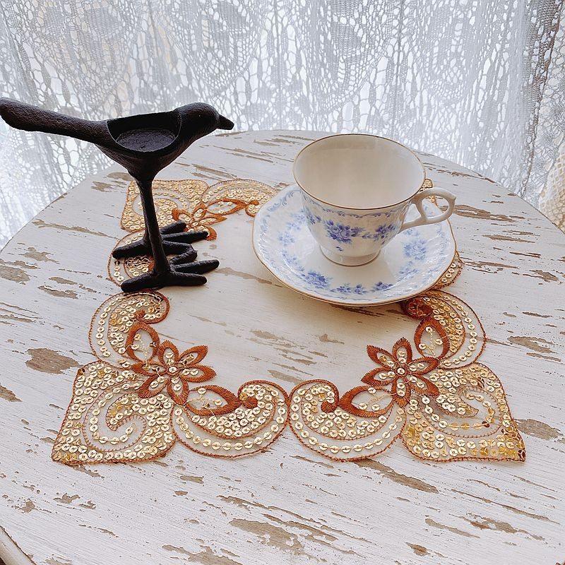 外贸出口原单欧式轻奢风布艺刺绣蕾丝亮片桌布床头柜盖巾防尘盖布