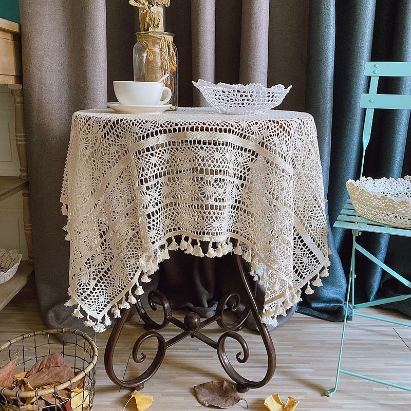 ins风棉线钩针方巾外贸出口美式蕾丝桌布小方桌小圆桌床头柜盖巾