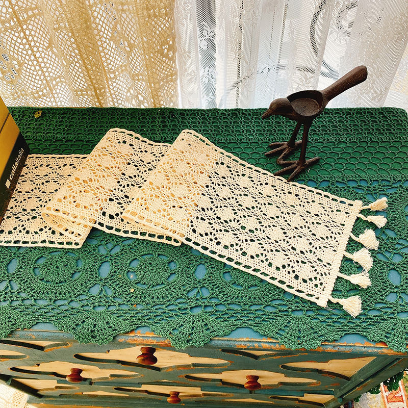 清仓蓝秋自制北欧田园棉线钩针编织蕾丝桌旗餐桌布电视柜茶几盖布