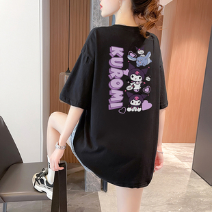 黑色库洛米圆领短袖T恤女2025新款宽松纯棉质感大阪遮臀半袖上衣