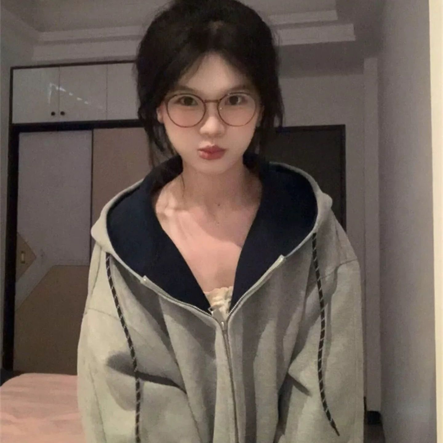 慵懒宽松撞色连帽开衫卫衣外套女秋冬韩系百搭情侣休闲夹克开衫潮