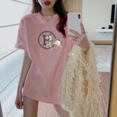 宽松2025年新款 夏季 纯棉中长款 粉色t恤女短袖 欧货大版 遮屁股上衣