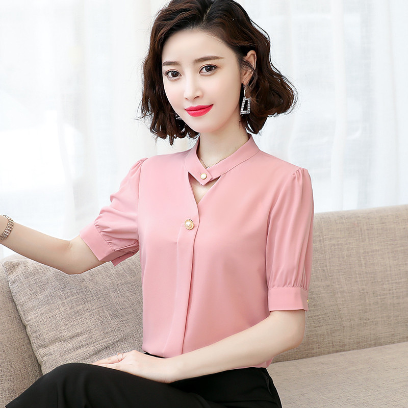 雪纺衫女夏季2020新款短袖女韩版时尚洋气小衫 V领宽松百搭上衣女