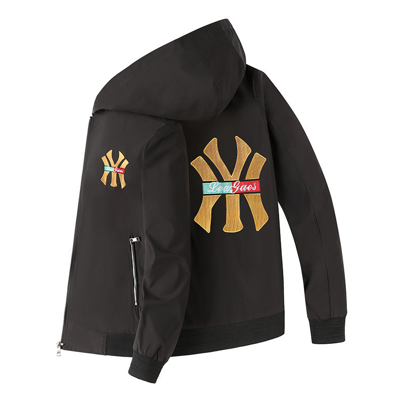 新款欧洲站男装外套男士夹克男刺绣连帽国潮个性白色上衣拉链口袋