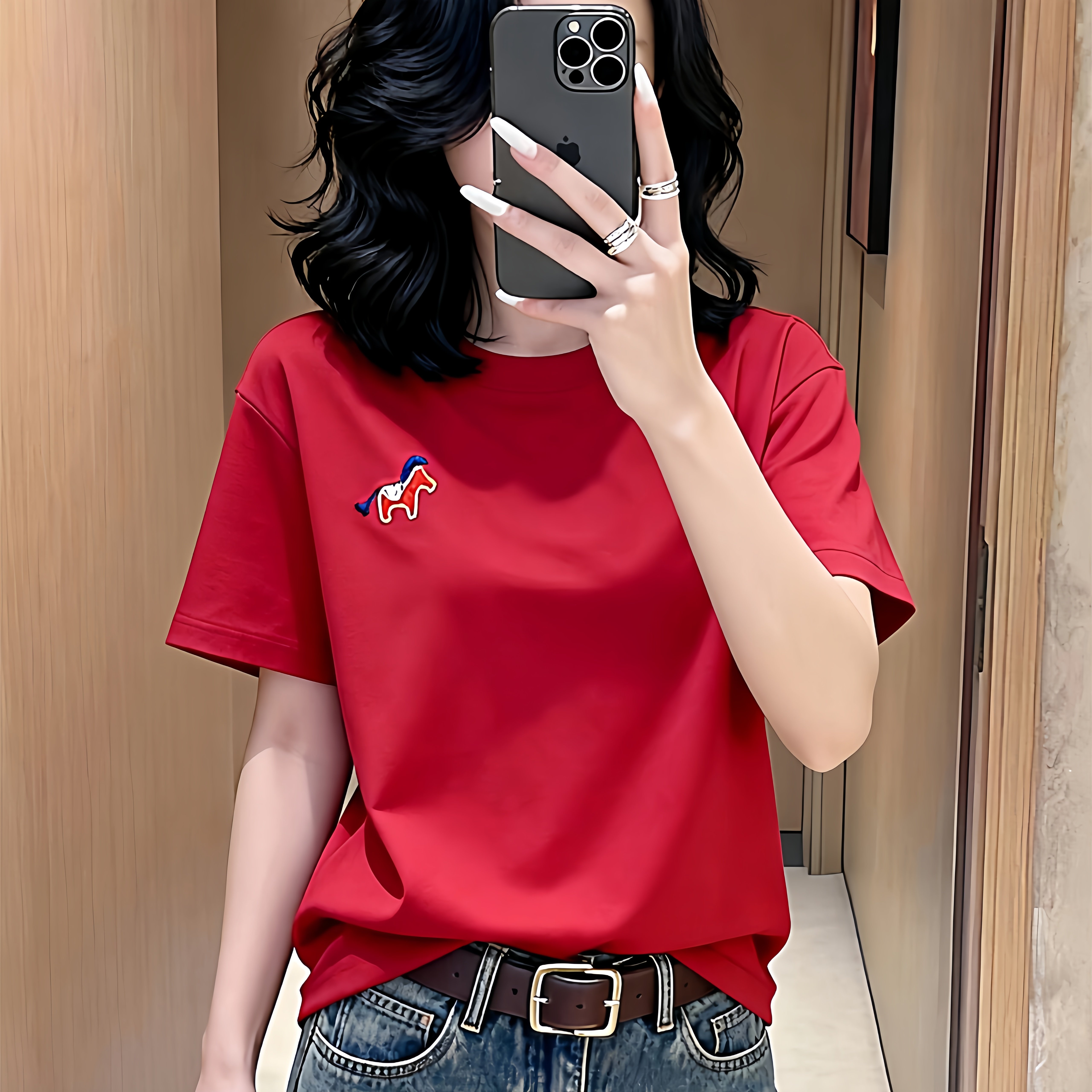 2026新款马年红色纯棉圆领短袖T恤女设计感时尚百搭白色上衣夏季