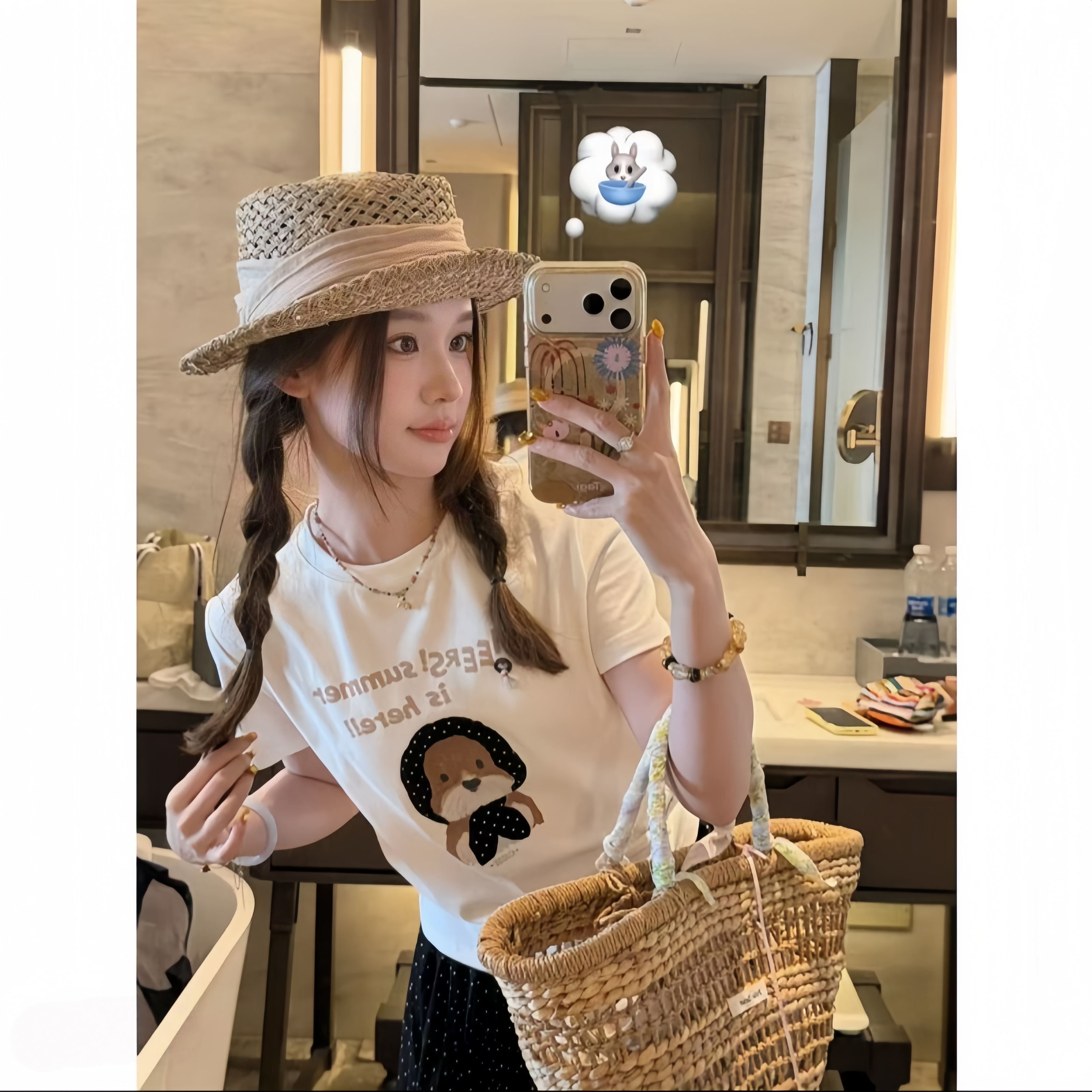 韩式休闲风波点头巾小狗字母卡通印花短袖T恤女夏季显瘦百搭上衣