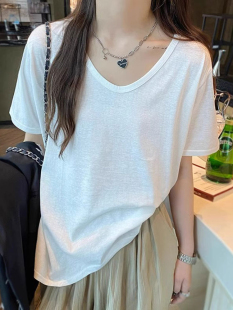 欧货大版简约竹节棉V领宽松短袖女装夏季时尚休闲百搭白色t恤上衣
