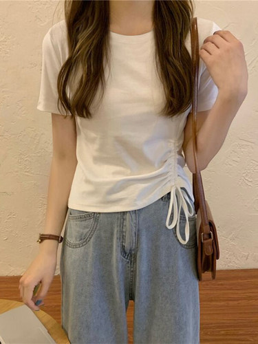 T恤女不规则纯棉显瘦系带上衣