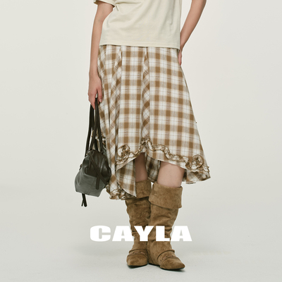 CAYLA春季格子木耳边长半裙