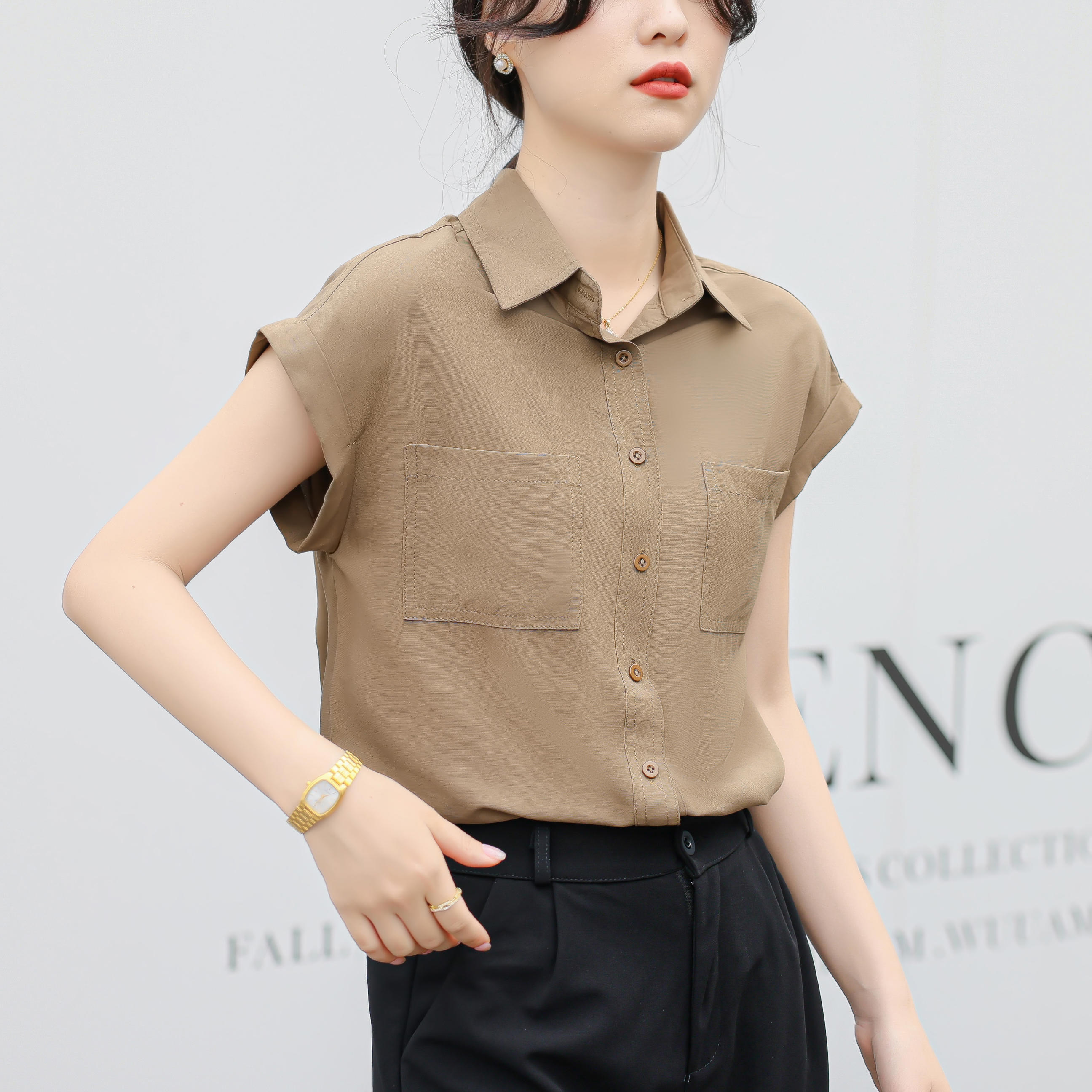 职业衬衫女夏季短袖正装气质上班工作服复古港风落肩无袖雪纺上衣