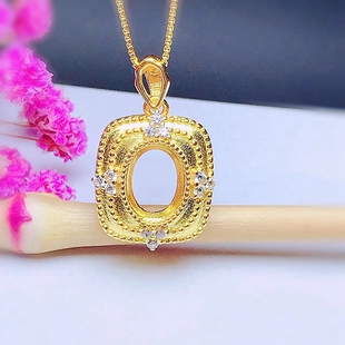 新S925纯银包镶吊坠银空托镶6*8mm碧玺红蓝宝祖母绿玉石等手diy