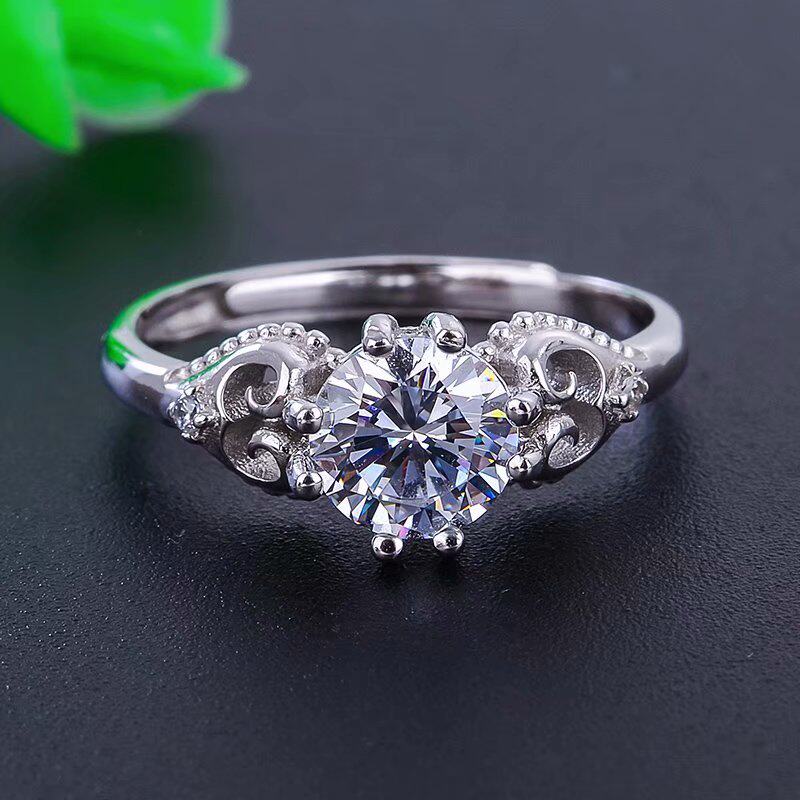 新款S925银1.5ct莫桑钻戒指成品 空托圆7mm镶嵌莫桑钻锆石瑞士钻