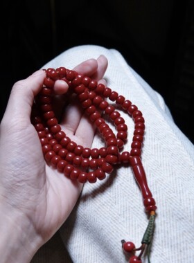 真正包浆牧区老型红色料器佛珠一套琉璃弟子珠全品念珠手串