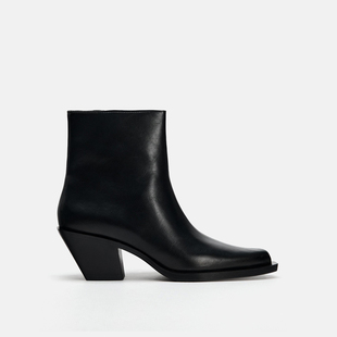 ZABA TANA 2025秋冬法式女士气质靴子黑色加绒粗跟小高跟尖头短靴