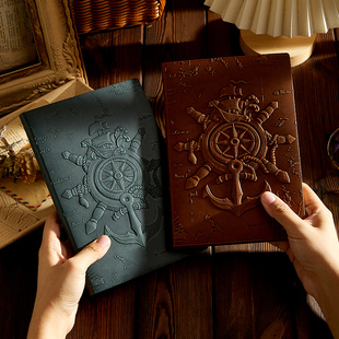 A5复古欧式立体浮雕牛皮纸笔记本船舵插画个性创意文艺精致记事本