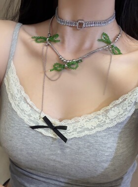 绿色蝴蝶结重工钛钢锁骨链琉璃