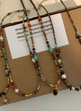 天然虎眼石串珠项链复古美拉德配饰轻奢小众设计感百搭吊坠锁骨链