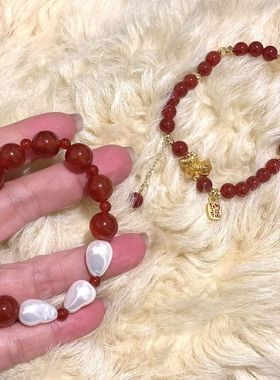 若绯手链高级感红色本命年巴洛克珍珠手串串珠新年手串