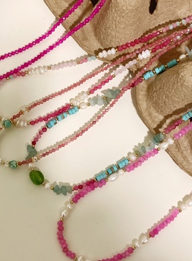 自制款玫粉色/绿色串珠项链好看