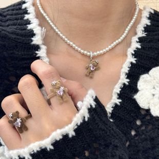 韩国东大门你好小熊植绒蝴蝶结可爱项链冬季新款毛衣链戒指