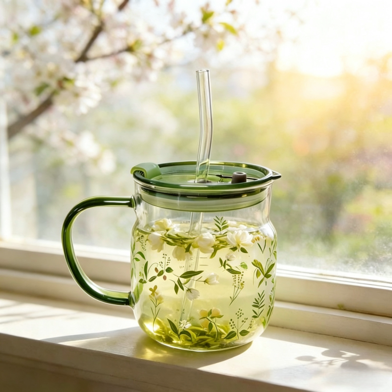 春日植愈新款高硼硅玻璃梅森杯350ml大容量带刻度水杯原色把手