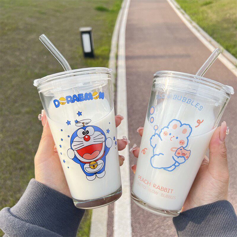 清新卡通玻璃杯可爱ins吸管杯子加厚牛奶早餐杯森系学生水杯防爆