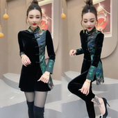 复古中式 中国风丝绒拼接中长款 盘扣开叉上衣女新款 改良旗袍两件套