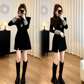 春季 气质高级感开叉短裙 黑色轻奢风时尚 新中式 改良旗袍连衣裙长袖