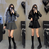 气质减龄西服领短款 2026年春秋新款 气质小香风套装 上衣洋气百褶裙