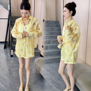 外套短裤 网红甜美减龄两件套女2025夏季 微透防嗮衬衫 新款 轻奢时尚