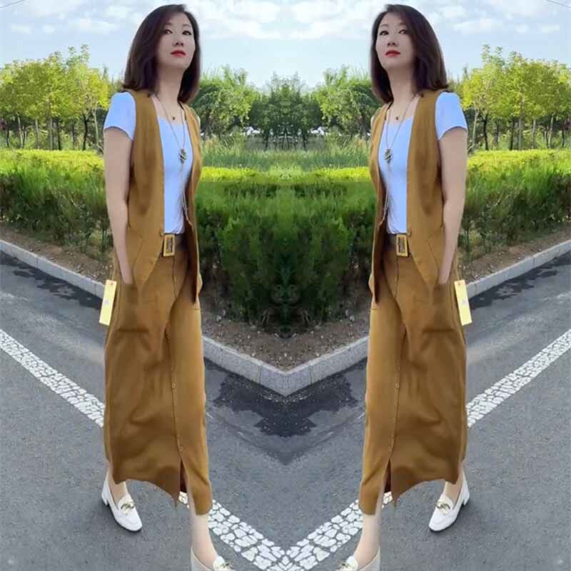 网红爆款2026夏季款黄色显白显瘦马甲+短袖半身裙时尚三件套裙女