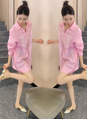 2025春秋新款重工刺绣衬衫宽松显瘦衬衣设计小众气质长款显瘦衬衫