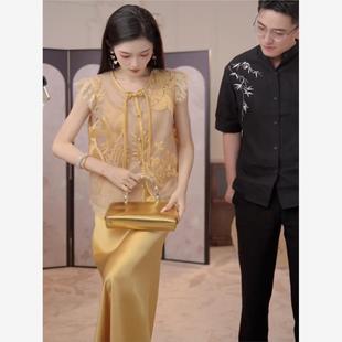 2025夏季网红新款新中式套装裙女名媛气质国风马甲+绸缎吊带长裙