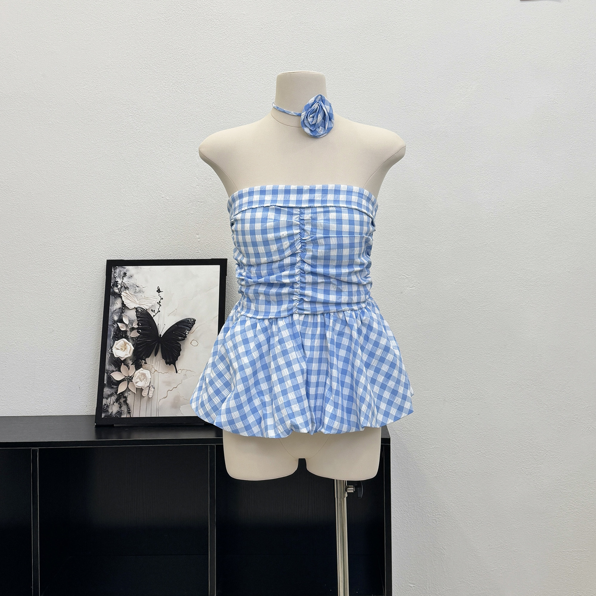 2025夏季新款纯欲风一字肩修身显瘦性感格子抹胸纯欲风荷叶边裹胸,女装/女士精品,背心吊带,淘宝优惠券,粉丝福利购,淘宝优惠卷