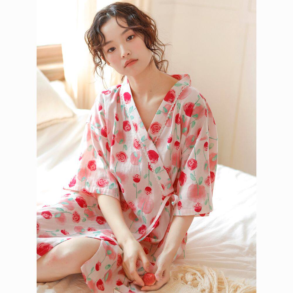 睡袍少女汉服春秋夏季新款纯棉简约甜美长袖中长款浴袍居家服睡衣