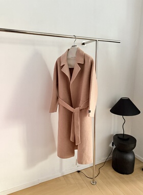 粉色千鸟格双面呢大衣女中长款