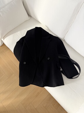 宽松西装领金属真皮腰带双面呢手工法式大衣女短款毛呢外套