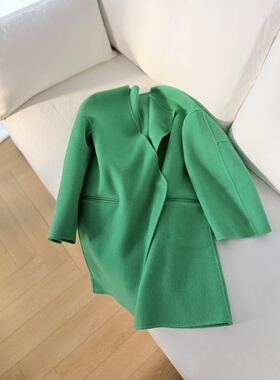 绿色不规则领宽松双面呢大衣女中长款