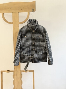 格纹小香风棉服女冬季立领收腰系带粗花呢加厚短款保暖棉衣外套