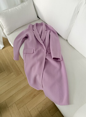 高级感粉紫色修身直筒双面呢大衣女中长款