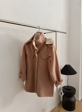 连帽宽松立领双面呢大衣女中长款
