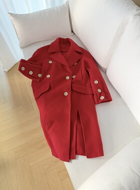 新年圣诞本命年正红色设计感双排扣大衣双面呢手工大衣