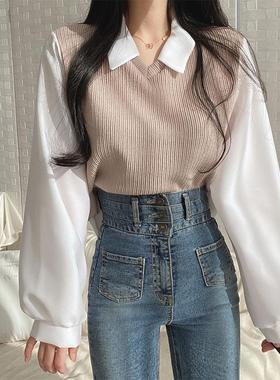 2025新款大码胖mm假两件T恤女拼接POLO领长袖卫衣宽松上衣女外穿