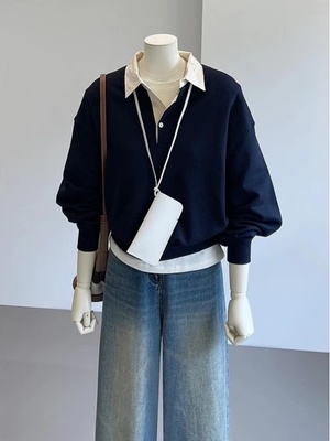 2025春秋新款爆款松弛感polo领藏青色假两件卫衣女春秋款宽松上衣